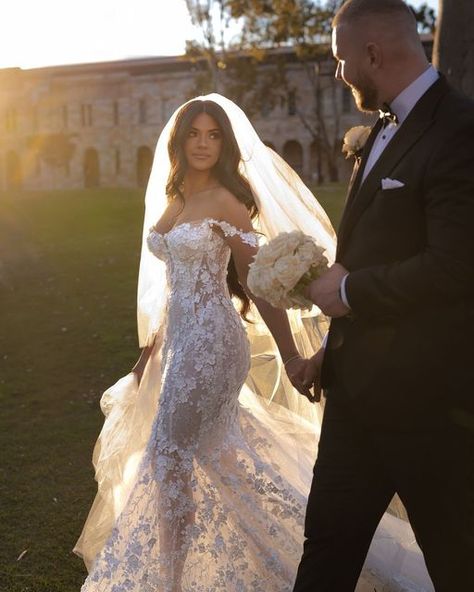 Galia Lahav on Instagram: "Walking towards her forever under the sunset, @nikoletta_vidakovic is wearing our stunning MAYA✨ The fitted, semi-sheer mermaid dress with 3D embroidered flowers captured the essence of their love story | Book your appointment today! #GLbride #galialahav" Galia Lahav Wedding Dress, Strapless Wedding Gown, Exquisite Gowns, Galia Lahav, Silk Tulle, Dress Order, Wedding Gowns Lace, Mermaid Gown, Book Your Appointment