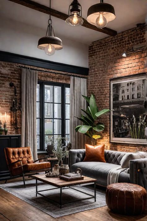 Industrial chic rustic living room with exposed brick