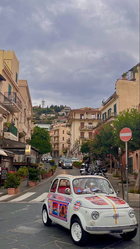 #taormina #sicily #mediterranean #fiat Sicily Italy Taormina, Taormina Sicily Aesthetic, Sicily Aesthetic, Sicily Italy Aesthetic, Sicily Taormina, Taormina Italy, Catania Sicily, Italy Vibes, Taormina Sicily