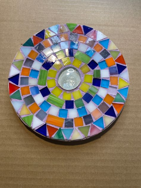 I bought the base from the Dollar Tree and recreated my own design with mosaic tiles. Small Mosaic, Mosaic Art Projects, Mosaic Garden, Mosaic Projects, Mural Art, Mosaic Art, Dollar Tree, Mosaic Tiles, Christmas Tree Skirt