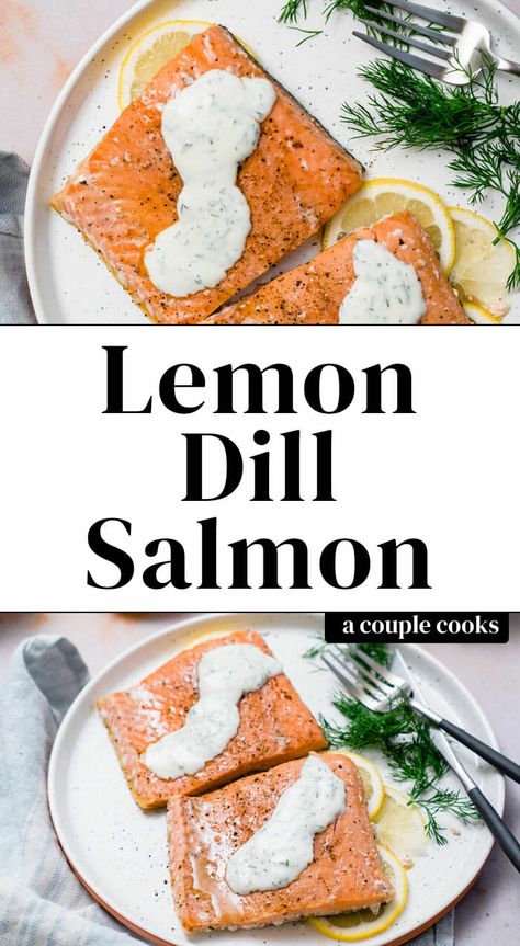 This lemon dill salmon takes just 10 minutes to bake! Mix up the zesty lemon dill sauce as it cooks. It's the ultimate healthy, easy weeknight meal. #salmon #lemon #dill #sauce #easy #mealprep #healthy Lemon Dill Salmon, Dill Sauce For Salmon, Lemon Dill Sauce, Fast Easy Dinner, Dill Salmon, Winter Salad Recipes, Salad Dressing Recipes Healthy, Med Diet, Sauce For Salmon