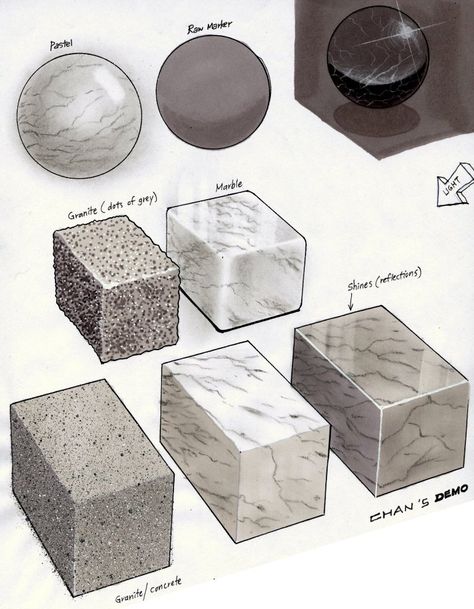 Rendering with Markers, Demo Pieces | Emily Carr University Marker Material Rendering, Marble Marker Rendering, Stone Rendering Marker, Drawing Marble Texture, How To Draw Marble Texture, Marble Texture Drawing, Stone Texture Drawing, Copic Rendering, Object Rendering