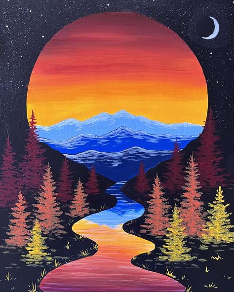 The trail to happiness begins in the mountains! Mountain Acrylic Painting Easy, Garage Murals, Easy Landscape Paintings, Moon Silhouette, Canvas Art Projects, Scenery Paintings, Canvas Painting Tutorials, Paint Night, Canvas Painting Diy