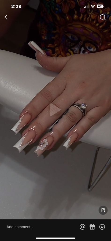 V Tips Acrylic Nails, V Shaped Nail Design, Nails 2023 Graduation, Blinged Out White French Tip Nails, Nail Inspiration Graduation, French Tip Nails With Acrylic Flowers, V French Acrylic Nails, Acrylic V French Tip Nails, Nails For Graduation Short