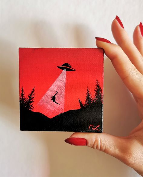 Simple Painting Ideas For Beginners Easy, Ufo Painting, Alien Painting, Art Mini Toile, Tiny Paintings, Art Alien, Small Canvas Paintings, Simple Canvas Paintings, Cute Canvas Paintings