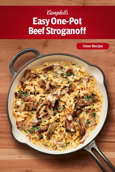 Classic favorite, easy clean up! This Easy One-Pot Beef Stroganoff is a modern and simplified twist on a classic Beef Stroganoff.  In this quick 25-minute version, the beef and noodles cook together in Condensed Cream of Mushroom Soup, so only one skillet is needed. What you still get is that creamy, savory and comforting taste that has made Beef Stroganoff a favorite dinnertime staple that the whole family can gather around and enjoy. Cream Of Mushroom Soup Beef Stroganoff, Campbells Beef Stroganoff Recipe, Lipton Onion Soup Mix Beef Stroganoff, Beef Stroganoff Easy Mushroom Soup, Campbells Cream Of Mushroom Soup Recipes Beef Stroganoff, Stroganoff With Cream Of Mushroom Soup, Stovetop Beef Stroganoff, Stroganoff Recipe Easy Mushroom Soup, Casserole With Cream Of Mushroom Soup