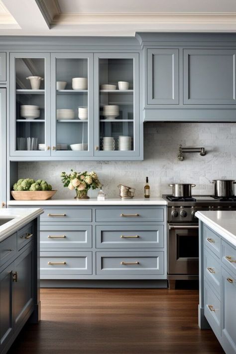 Coastal Cabinets, Blue Kitchen Ideas, Blue Gray Kitchen Cabinets, Blue Kitchen Designs, Grey Blue Kitchen, Light Blue Kitchens, Blue Kitchen Cabinets, Grey Kitchen Cabinets, Blue Kitchen