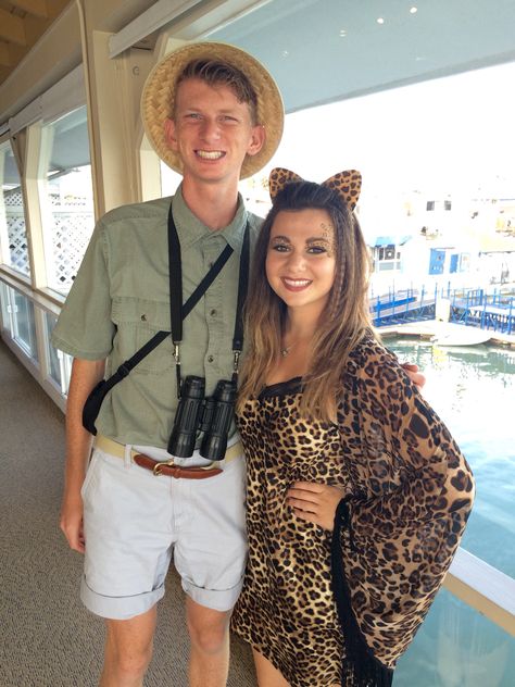 Cheetah and safari tourist Halloween costume Leopard And Hunter Costume, Wildlife Explorer Costume, Hunter And Cheetah Costume, Cougar Hunter Halloween Costume, Cheetah And Safari Couple Costume, Safari Explorer Costume Woman, Jungle Theme Halloween Costume, Tiger And Zoo Keeper Costume, Animal Couples Costume