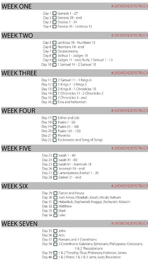 40 day Bible Reading Plan. I want to try to do this during a 40 day fast. The point being not to study every verse for its intricacies and details but rather to take in the Word and just absorb it and see its majesty from a birds eye view. If something particularly jumps out at me, I'll note it to study in more detail during my bible study times. This daily reading should only take 45 minutes. I think I can sacrifice that much TV Time :) Bible In 60 Days, Bible Reading Timetable, 40 Day Spiritual Fast, 30 Day Bible Study Plan, 40 Days Bible Reading Plan, Bible In 90 Days Plan, 30 Days Bible Reading Plan, The Disciple Fast, 3 Day Spiritual Fast