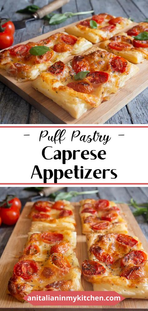 Puff Pastry Italian Appetizers, Caprese Bread Appetizers, Stuffed Puff Pastry Recipes, Phylo Pastry Appetizers, Puffed Pastry Recipes, Puff Pastry Recipes Appetizers, Tomato Stuffed, Caprese Appetizer, Puff Pastry Recipes Savory