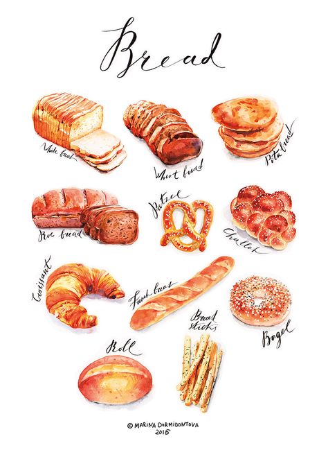 Bread on Behance Bread Illustration, 귀여운 음식 그림, Fruit And Vegetable Carving, Food Sketch, Vegetable Carving, Food Illustration Art, Watercolor Food, Food Painting, Illustration Food