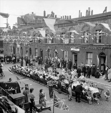 A street party at Morpeth Street, in the East End Of London England to Celebrate the Queen Elizabeth II Coronation in June 1953 Queen's Coronation, Trestle Tables, School Street, Uk Recipes, East End London, Grand Wedding, London History, The Coronation, Bethnal Green