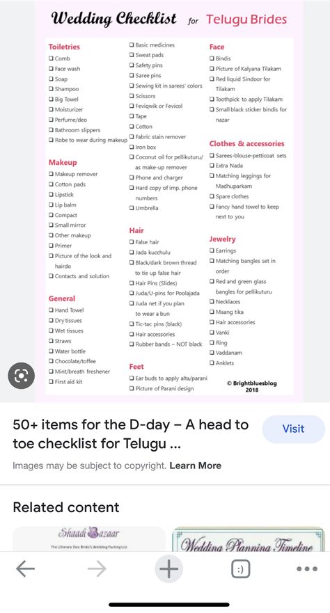 Telugu Wedding Checklist, Bridal Shopping List Indian, Brides Checklist, Bride Checklist, Telugu Bride, Face Sweating, Fabric Stain Remover, Sweat Pads, Packing Checklist