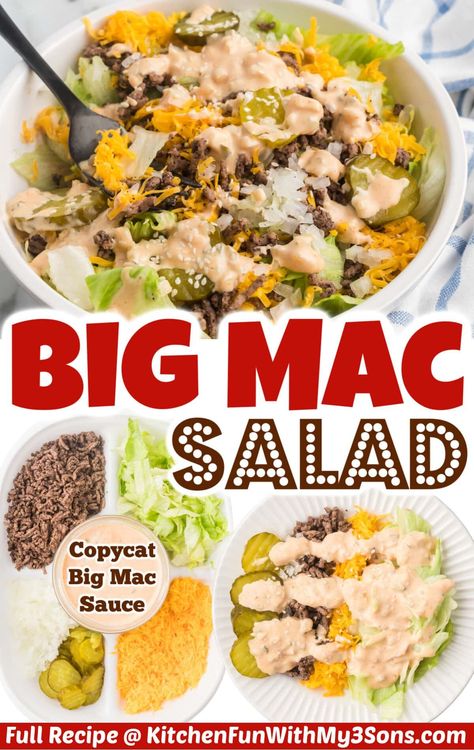 Healthy Big Mac Salad, Healthy Big Mac, Big Mac Salad Recipe, Copycat Big Mac Sauce, Big Mac In A Bowl, Copycat Big Mac, Mac Salad Recipe, Mac Sauce Recipe, Big Mac Sauce