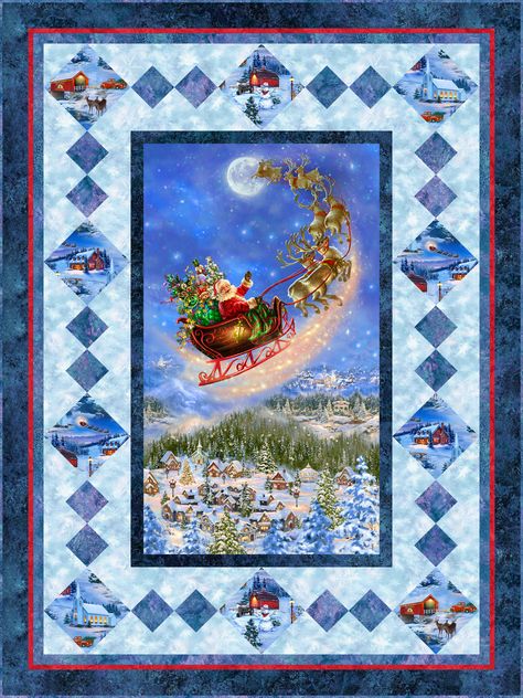 This week's Free Quilt Pattern seems to capture that moment in the famous Christmas Eve poem by Clement Clarke Moore - "Now dash away! Dash away! Dash away all!"   Santa's gift-laden magic sleigh and eight tiny reindeer are zooming up towards a Full Moon, with a snow-covered alpine village below, in this digital-printed panel.   ... featuring 'Santa on a Sled' by Timeless Treasures.   Quilt Fabrics from www.eQuilter.com Quilt Panel Patterns, Quilt Panel Ideas, Quilting With Panels, Quilts With Panels, Quilting Panels, Santa Quilt, Window Quilts, Quilts Christmas, Lap Quilt Patterns