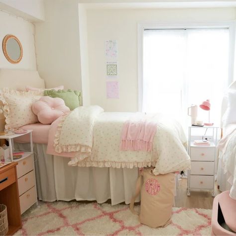 College Dorm Room Area & Accent Rugs - Dormify Cute Dorm Rooms Pink, College Dorm Rug, Light Pink And Green Dorm Room, Pink And White Dorm Room Aesthetic, Pink Floral Dorm Room, French Dorm Room, Princess Dorm Room, Pink And White Dorm Room Ideas, Small Dorm Room Ideas Layout Double