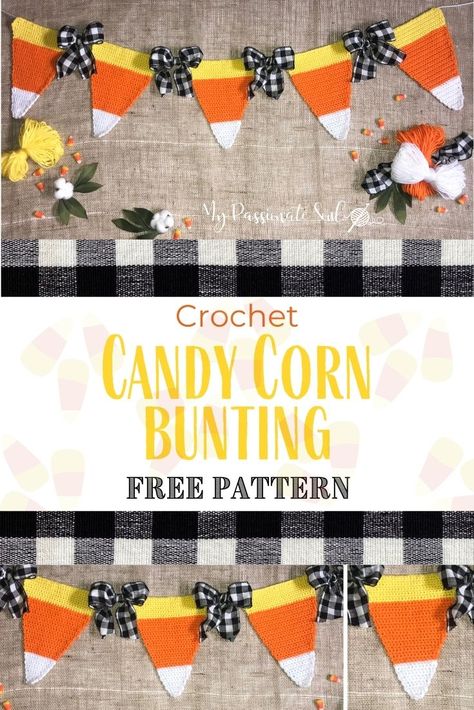 Crochet Halloween Tree, Crochet Fall Garland Patterns Free, Crochet Banner Pattern Free, Crochet Halloween Decorations Free Patterns, Fall Crochet Garland, Crochet Holiday Garland, Crochet Halloween Garland Free Pattern, Diy Candy Corn Garland, Fall Crochet Garland Pattern