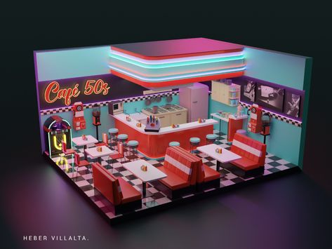 Isometric Rooms, Diner Aesthetic, Lotes The Sims 4, Diner Decor, Vintage Diner, Retro Cafe, Retro Diner, American Diner, Isometric Art