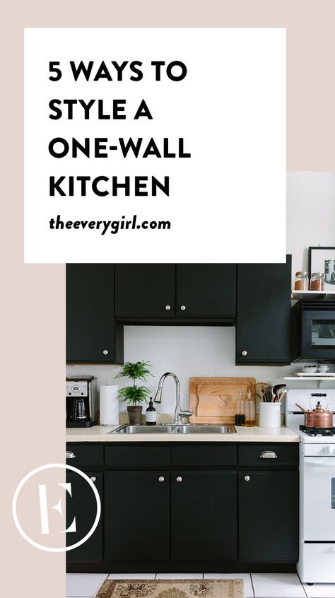 Long Kitchen Layout One Wall, Small Single Wall Kitchen, Single Wall Kitchen Layout With Island, Kitchen With No Window, Kitchen No Window, Kitchen Without Island, Single Wall Kitchen Layout, One Wall Kitchen Layout, Ideas For Living Room Curtains