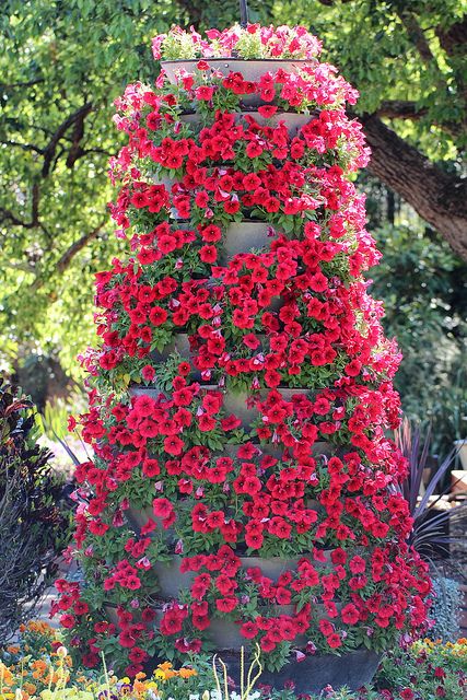 Tower of flower~ Container Gardening Vegetables, Diy Planters, Easy Garden, Flowering Trees, Green Wall, Beautiful Tree, Backyard Landscaping Designs, Petunias, Garden And Yard