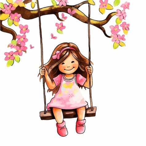 Vector little girl swinging in a tree wa... | Premium Vector #Freepik #vector #swing Painting For Baby Girl, Swing Illustration, Swing Drawing, Grinch Crafts, Feet Drawing, Africa Art Design, Girl Swinging, Tree Watercolor Painting, Gcse Art Sketchbook