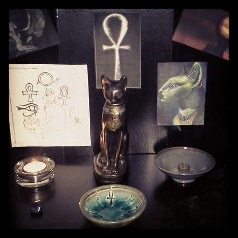 Bast, Isis and Hathor by AmandaMai92.deviantart.com on @deviantART Bastet Altar Ideas, Hathor Altar, Bastet Altar, Ancestors Altar, Bast Goddess, Bastet Goddess, Sacred Space Altar, Egyptian Cat Goddess, Alter Ideas