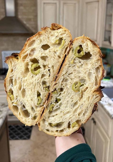 Roasted Garlic + Olive Sourdough Loaf Green Olive Bread, Olive Loaf, Sourdough Loaf, Olive Bread, Homemade Bread Easy, Sourdough Starter Recipe, Cooking Bread, Leftover Bread, Rye Flour