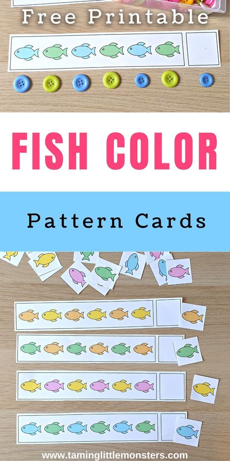 Fish Pattern Cards (Free Printable for Kids). Easy patterning activity for preschool and kindergarten math centers. #math #stem #summer #preschool #kindergarten Ocean Life Math Activities For Preschool, Water Theme Math Activities Preschool, Ocean Animal Stem Activities, Fish Theme Preschool Activities, Water Math Activities Preschool, Fish Kindergarten Activities, Ocean Animals Math Preschool, Ocean Patterns Preschool, Ocean Art Kindergarten