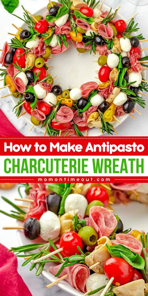 Looking for a show-stopping Superbowl party food idea? Try this Antipasto Charcuterie Wreath! An easy New Year appetizer idea with charcuterie skewers served with balsamic vinegar, olive oil, crackers, and baguette. It’s easy to serve and perfect for the holidays! Holiday Antipasto Wreath, Easy Antipasto Platter, Charcuterie Skewers, Charcuterie Wreath, Olive Oil Crackers, Antipasto Skewers, New Years Appetizers, Antipasto Platter, Holiday Appetizer