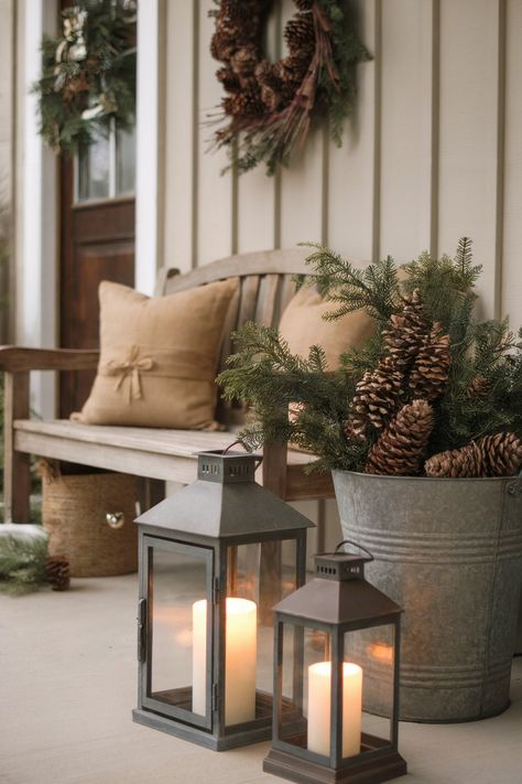 Rustic bench with burlap pillow, pinecone wreath, and lanterns with candles Winter Lantern Ideas, After Christmas Decorating, Winter Front Porch Decor, Front Porch Decorations, Winter Front Porch, Old Time Christmas, Front Porch Decor Ideas, Small Front Porch, Lantern Ideas