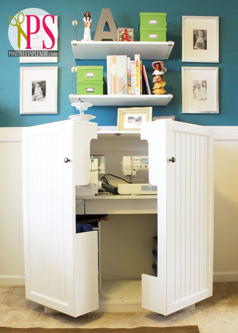 Positively Splendid {Crafts, Sewing, Recipes and Home Decor}: Sewing Room/Home Office Reveal Sewing Spaces, Sewing Cabinet, Dream Craft Room, Sewing Room Organization, Sewing Space, Craft Room Office, Sewing Rooms, Craft Room Organization, Cool Ideas