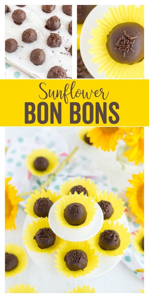 Sunflower Bon Bons: a delicious chocolatey treat served in a pretty sunflower shaped cupcake liner. Perfect for fall parties, bridal showers, and more! #fall#chocolate#bonbons#pretty#easy#party Sunflower Food Ideas Birthday Parties, Sunflower Dessert Ideas, Sunflower Wedding Dessert Table, Sunflower Party Food Ideas, Sunflower Desserts Treats, Sunflower Truffles, Sunflower Snacks, Sunflower Food Ideas, Sunflower Deserts