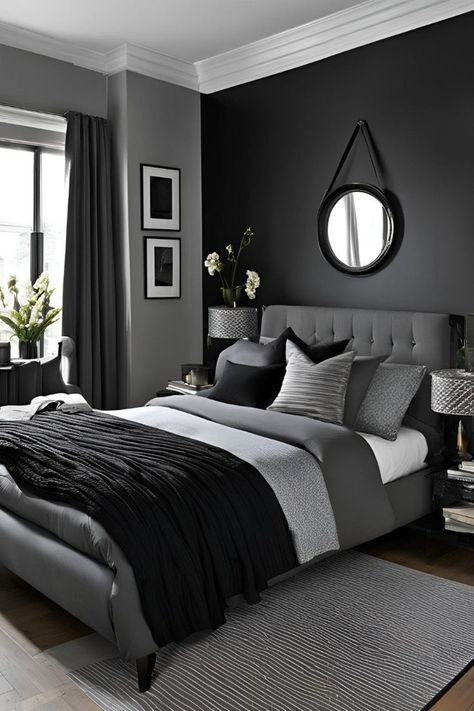 Grey Small Room Ideas, Black Color Bedroom Ideas, Black Paint Bedroom Ideas, Black Grey Room Decor Bedroom Ideas, Room Ideas Aesthetic Black And Grey, Charcoal Grey Accent Wall Bedroom, Gray Bedroom Walls Ideas, Gray White Black Bedroom, Grey Color Bedroom Ideas