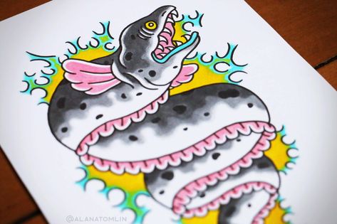 Electric Eel Tattoo, Drawing Of A Shark, Eel Tattoo, Tattoo Future, Well Tattoo, Electric Eel, Tattoo Artwork, American Traditional Tattoo, Fish Painting