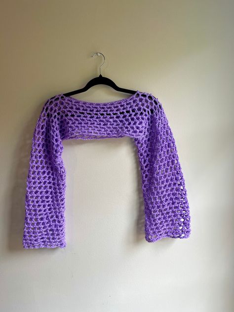 Purple crochet shrug / sleeves size small Crochet Shrug Sleeves, Crochet Purple Sweater, Crochet Purple Top, Purple Crochet Top, Crochet Shrug Fishnet, Shrug Sleeves, Crochet Shrug Short Sleeve, Fitted Long Sleeve Crochet Shrug, Crochet Violet