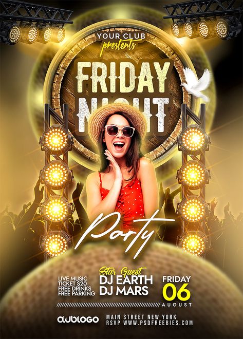 Get your hands on the exclusive Nightclub Friday Party Flyer PSD Template available for free download! This eye catching and visually captivating flyer is specifically designed to boost the promotion of Friday night parties, rock music gigs, urban festivals, music events, concerts, weekly club events, and other special evenings. Party Poster Background Design, Night Club Design, Party Graphic Design, Club Flyer Design, Nightclub Flyer, Bar Flyer, Party Design Poster, Club Background, Party Flyer Design