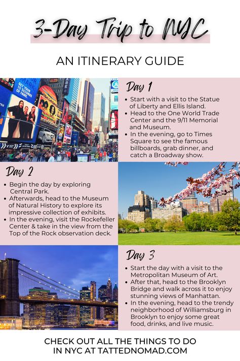 Discover the ultimate 3-day itinerary for exploring the best of the city that never sleeps! From iconic landmarks to trendy neighborhoods and delicious cuisine, this itinerary has it all. #NYC #travelgoals #citythatneversleeps Nyc Road Trip, New York City Trip Itinerary, Nyc In 3 Days, New York Itenery, Nyc 4 Day Itinerary, 3 Days In Nyc Itinerary, A Week In New York, 2 Day New York Itinerary, New York 3 Day Itinerary