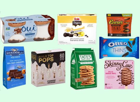 Yes, you can have dessert every day—it's just a matter of portions. Here are 25 low-calorie desserts to buy to help you with your weight loss goals! Low Calorie Sweet Snacks, Low Calorie Sweets, Low Cal Snacks, Oreo Thins, Dark Chocolate Caramel, Chocolate Covered Bananas, Chocolate Slice, Chocolate Pops, Easy Chocolate Desserts