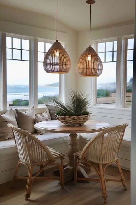 Breakfast Nook Ideas Bay Window, Breakfast Nook Decor, Beach Dining Room, Sunroom Dining, Cozy Kitchens, Dining Room Nook, Small Sunroom, Kitchen Vibes, Breakfast Nook Ideas