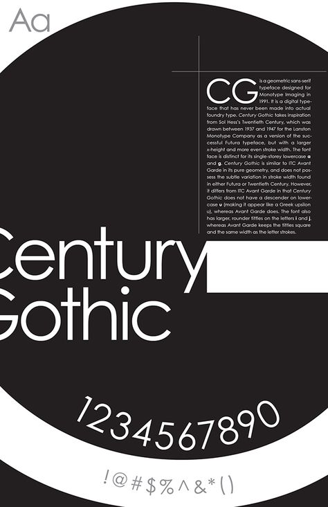 Century Gothic - Type Poster by Leonardo Pedreros, via Behance Optima Font, Typeface Poster, Gothic Type, Type Poster, History Posters, Poster Fonts, Gothic Fonts, Gothic Design, Typographic Poster