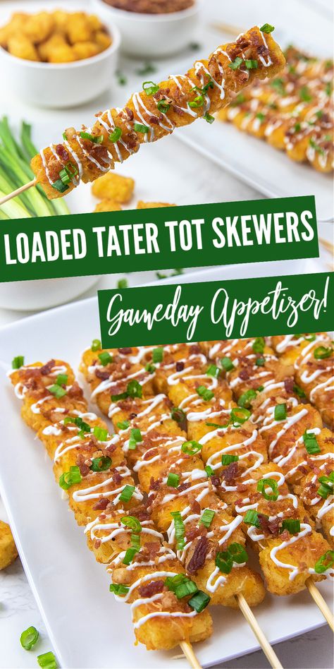 Tater Tot Recipe, Tater Tot Skewers, Football Appetizers Easy, Tater Tot Appetizers, Loaded Tater Tot, Super Bowl Finger Foods, Loaded Tater Tots, Sweet Potato Tots, Tater Tot Recipes