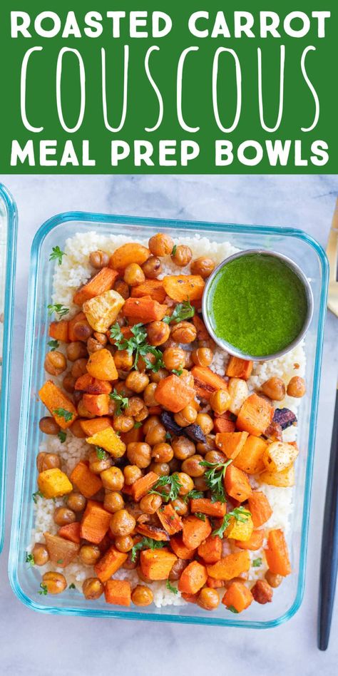 These Roasted Carrot Couscous Bowls with Lemon Parsley Tahini Sauce are flavorful, cozy and filling!  Prepare them on Sunday and you'll have a delicious and nutritious, plant-based, lunch all week long.  They're packed with protein and veggies and can also be enjoyed for dinner.  And, don't skimp on the green tahini sauce!  #mealprep #plantbased #veganrecipe #healthylunch #vegetarian Carrot Couscous, Couscous Bowls, Green Tahini Sauce, Couscous Bowl, Green Tahini, Roasted Carrot, Clean Eating Dinner, Tahini Sauce, Meal Prep Bowls