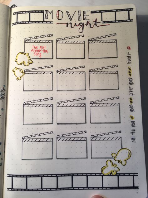 Movie Night Doodles, Movie Night Scrapbook Page, Buttel Journal Ideas, Journal Movie Page, Ballet Journal, Movie Tracker, Bullet Journal Month, Bullet Journal Banner, Creating A Bullet Journal