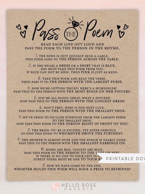 Pass the Poem Bridal Shower Printable Game . Bachelorette Hens Party . Wedding Shower . Kraft Look + Black and White . Instant Download Event Games, Fun Bridal Shower Games, Bridal Shower Planning, Bridal Shower Printables, Hens Party, Wedding Shower Games, Bachelorette Party Games, Bridal Shower Brunch, The Poem