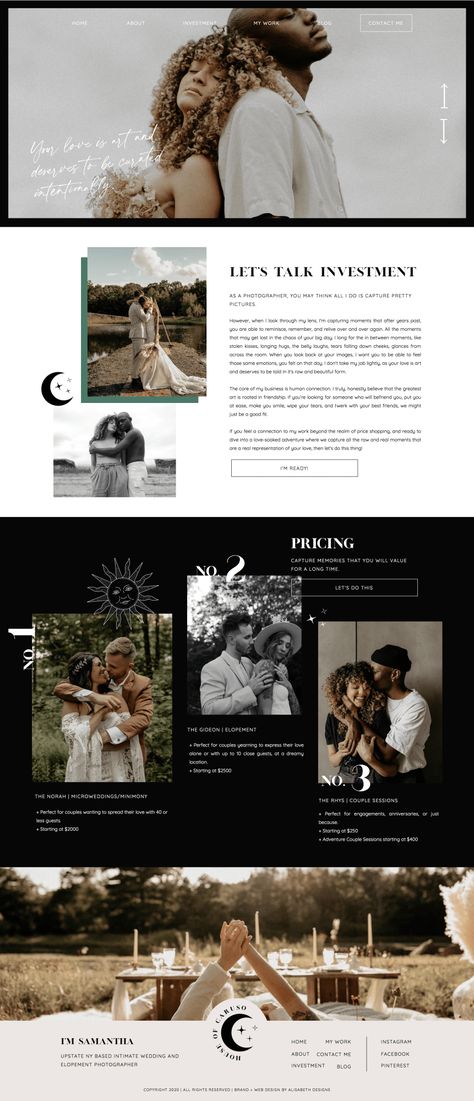 Photographer Website. About Me Page. Design Co. Website Design. Modern Design. Small Biz. Design. Website Layout. Collage. Web Collages. Personal Branding. Personal Brand. Destination Photographer. Adventure Photography. Branding Inspo. Branding Inspiration. Dark Branding. Dark Color Theme. Rebrand Ideas. Website. By Alisaebth Designs. Unique Website Design Inspiration, Vintage Website Design Inspiration, Website Inspo Layout, Photographer Website Design Inspiration, Dark Branding Design, Photography Web Design, About Me Website Page, Masculine Website Design, About Me Page Design