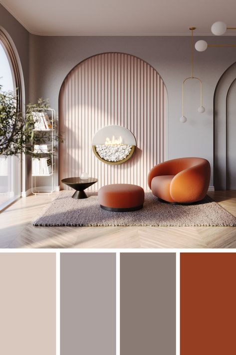 Greige - grey and beige colour palette living room with dusty orange as an accent color Interior palette, living room palette, living room design Beige Color Palette Living Room, Colour Combinations Interior, Living Room Color Combination, Color Palette Interior Design, Interior Design Color Schemes, Room Color Combination, Wall Color Combination, Color Palette Living Room, Bedroom Color Combination