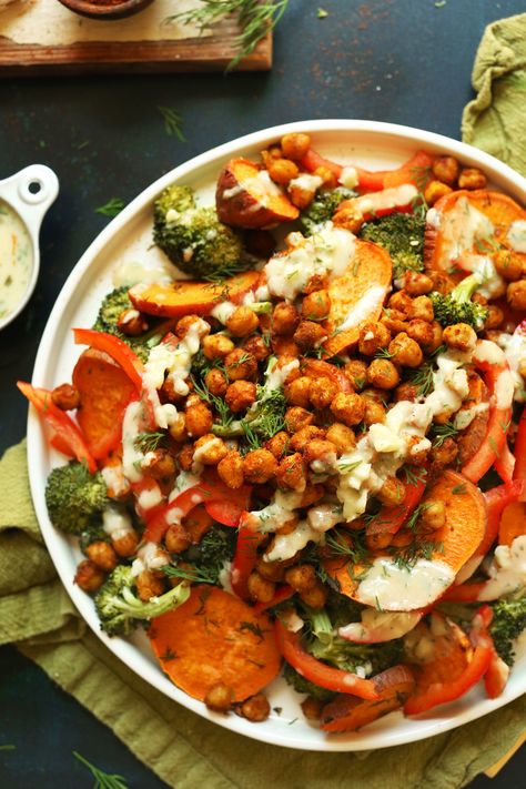 A satisfying, plant-rich entrée or side with roasted broccoli, sweet potato and chickpeas. Topped with a creamy 4-ingredient garlic dill sauce. Sweet Potato Chickpea Salad, Garlic Dill Sauce, Broccoli Sweet Potato, Potato Chickpea, Dill Sauce, Salad With Sweet Potato, Roasted Broccoli, Chickpea Salad, Vegan Dinners