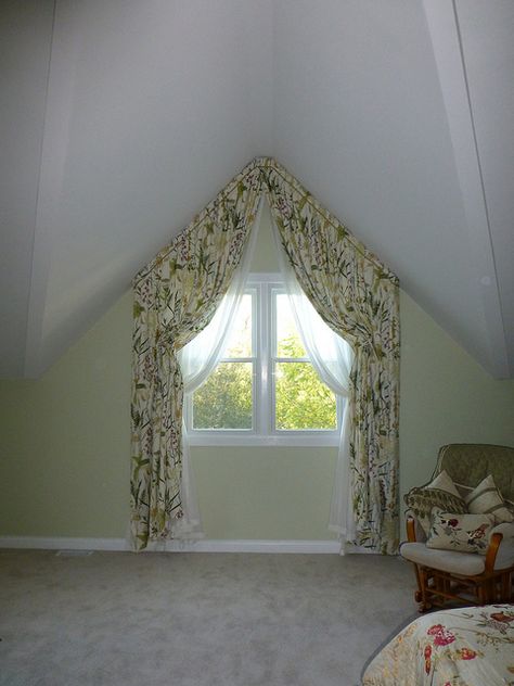 Fully functional italian strung draperies with slanted ceiling Italian Strung Curtains, Slanted Ceiling Window Curtains, Triangular Curtains, Apex Window, Angled Wall, Triangle Window, Curtains Pictures, Hang Curtains, Scandinavian Design Bedroom