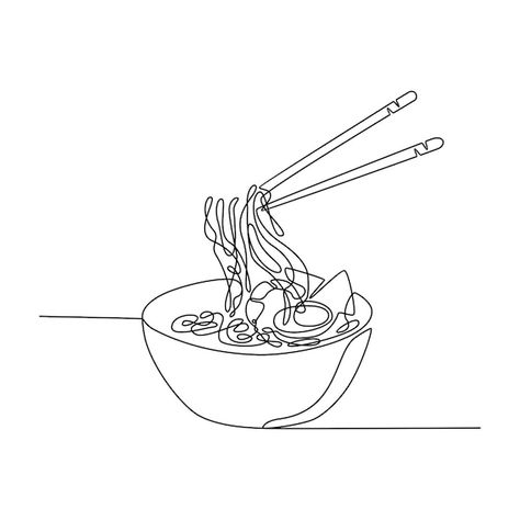 Ramen Line Drawing, Food Line Art Illustration, Miso Soup Tattoo, Noodle Bowl Tattoo, Ramen Tattoo Simple, Ramen Noodle Tattoo, Eating Noodles Drawing, Pho Illustration, Ramen Bowl Tattoo