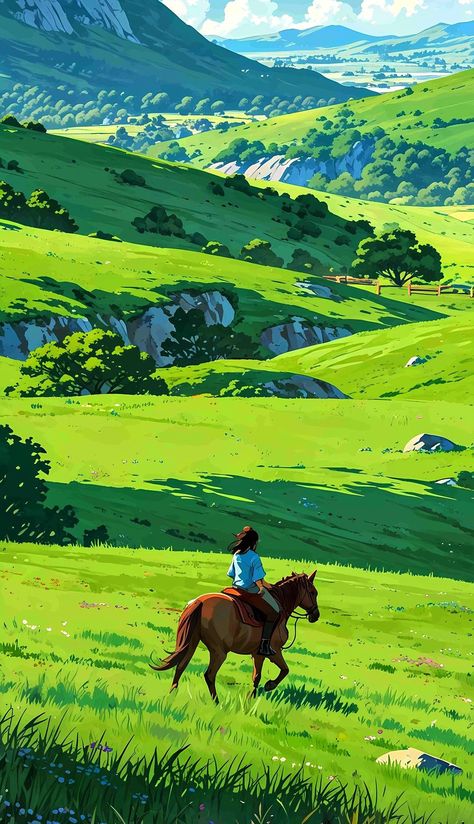 Animated Scenery, Landscape Digital Art, Horse Animation, Studio Ghibli Background, Dreamy Artwork, Landscape Digital, Dreamy Landscapes, Wallpaper Doodle, Graffiti Murals